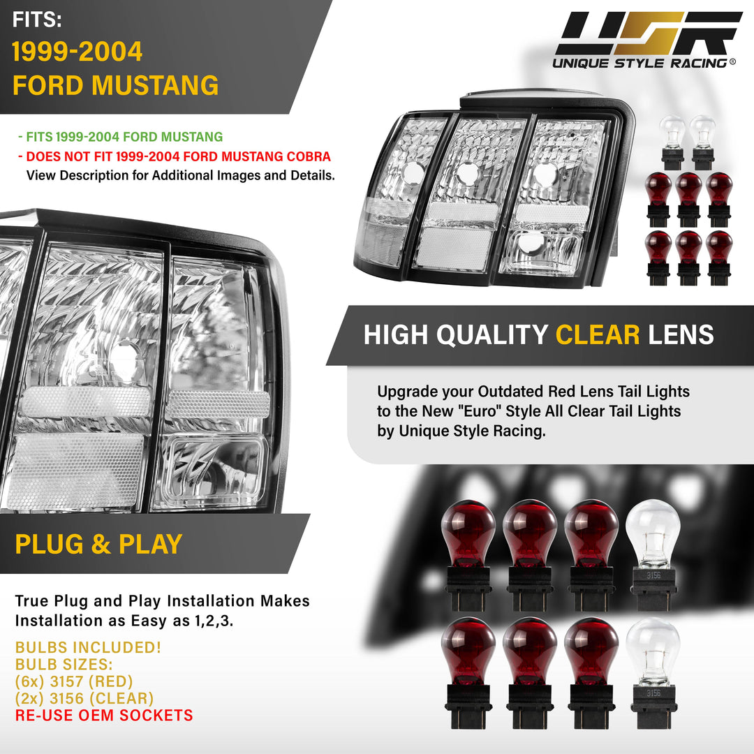 1999 2000 2001 2002 2003 2004 Ford Mustang V6 GT New Edge All Clear Lens Euro Style Tail Light Plus Sequential Wire Harness with Relay & Canbus LED Bulbs

#optional-items_tail-light-only