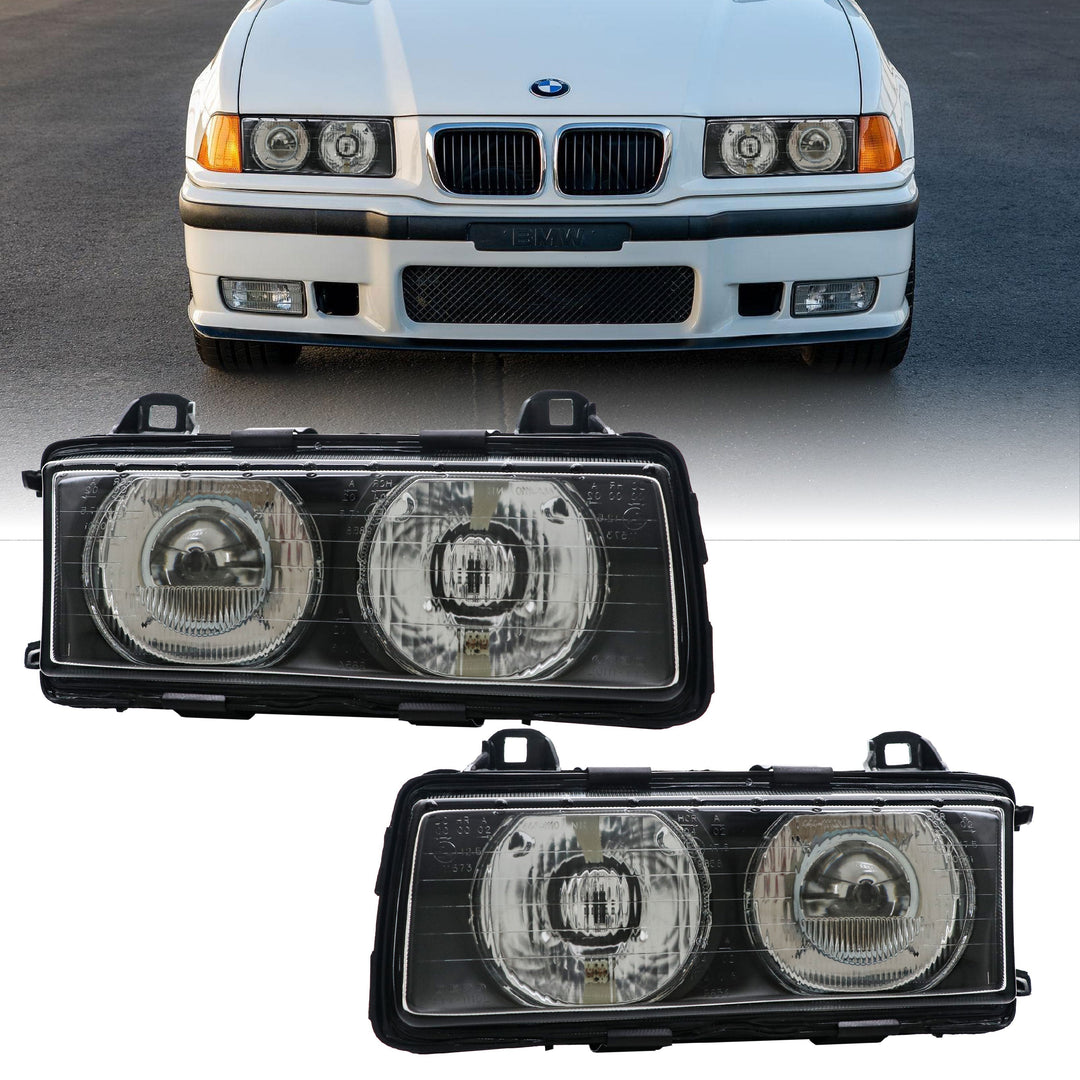 1992-1999 BMW E36 3 Series Hella Euro Ellipsoid GLASS Lens Projector Headlight - Made by DEPO with Optional Daytime Visible UHP LED Angel Eye Halo Rings