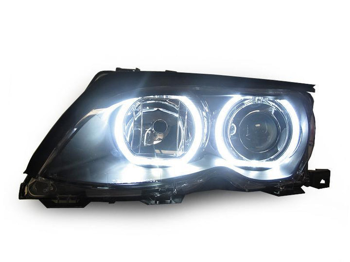 2002-2005 BMW 3 Series E46 4D/5D V3 F30 Style Square Bottom Angel Eye Halo U Rings White LED Halo Projector Headlight - Made by DEPO