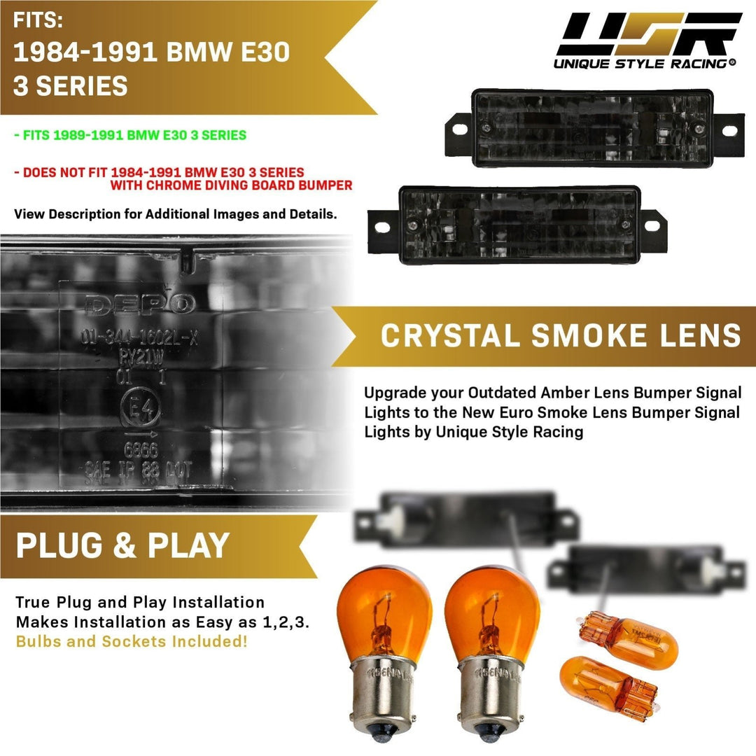 1989-1991 BMW E30 3 Series Crystal Clear or Smoke Bumper Signal Light

#lens-color_crystal-smoke-lens