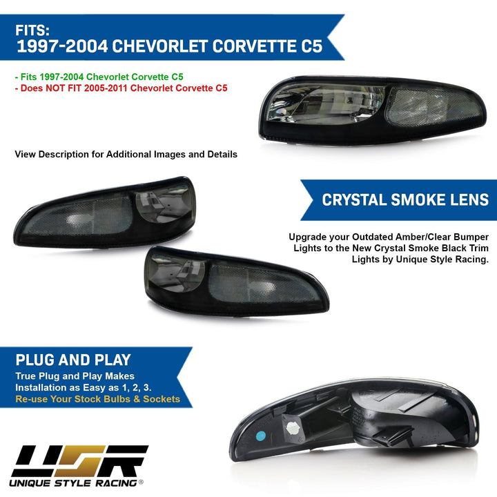 1997 - 2004 Chevrolet Corvette C5 Black Inner Housing Clear or Light Smoke Lens Front Bumper Signal Light