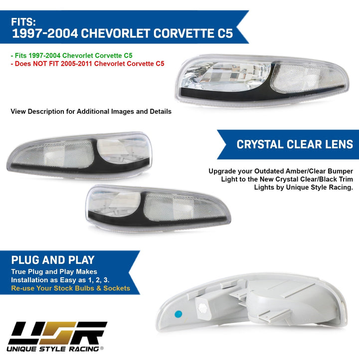 1997 - 2004 Chevrolet Corvette C5 Black Inner Housing Clear or Light Smoke Lens Front Bumper Signal Light