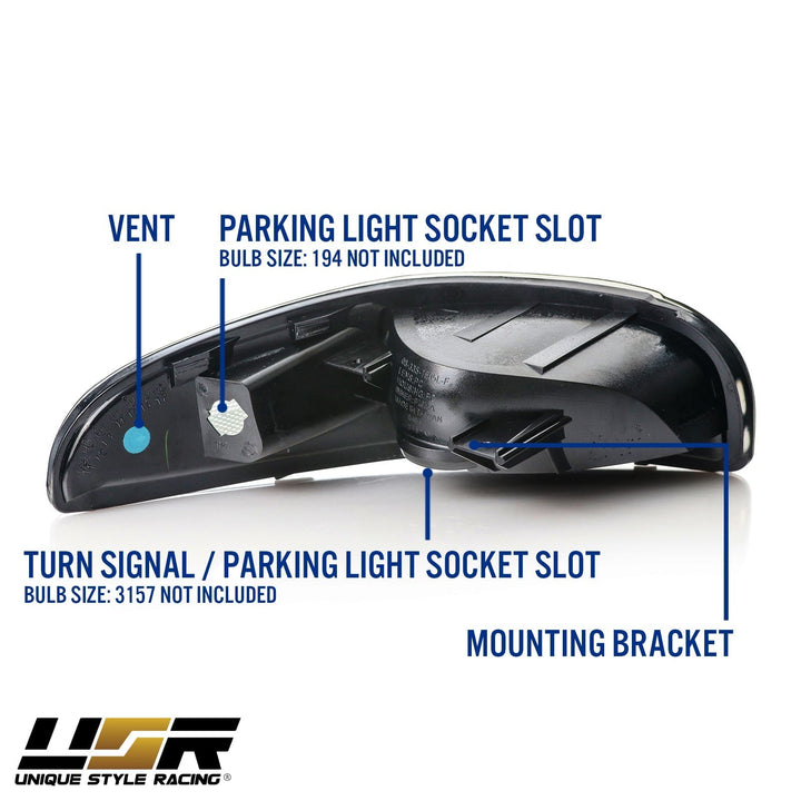 1997 - 2004 Chevrolet Corvette C5 Black Inner Housing Clear or Light Smoke Lens Front Bumper Signal Light