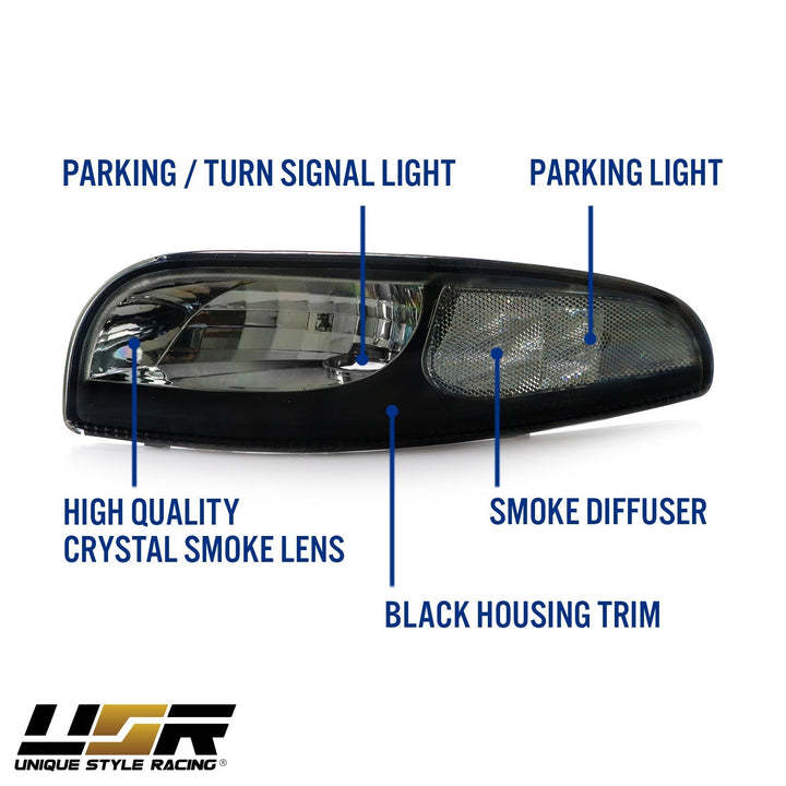 1997 - 2004 Chevrolet Corvette C5 Black Inner Housing Clear or Light Smoke Lens Front Bumper Signal Light
