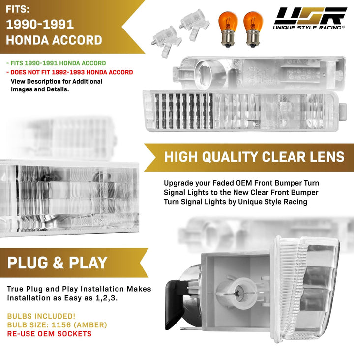 1990 1991 Honda Accord DX / LX / EX Clear or Amber Front Bumper Signal Lights 
#lens-color_clear-lens