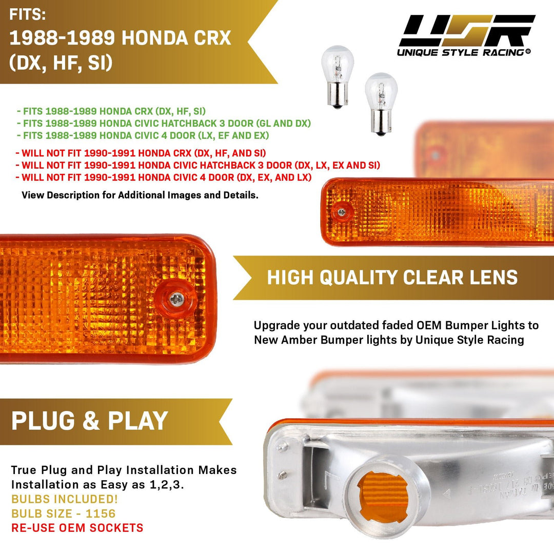 1988-1989 Honda Civic 3D Hatchback & 4D Sedan Clear Smoke or Amber Bumper Turn Signal Light 
#lens-color_amber-lens