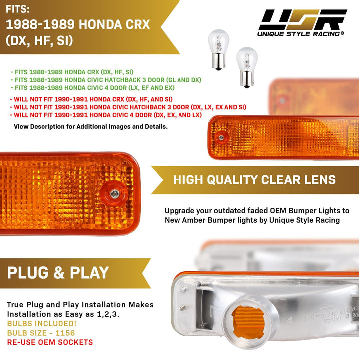 1988-1989 Honda Civic 3D Hatchback & 4D Sedan Clear Smoke or Amber Bumper Turn Signal Light 
#lens-color_amber-lens