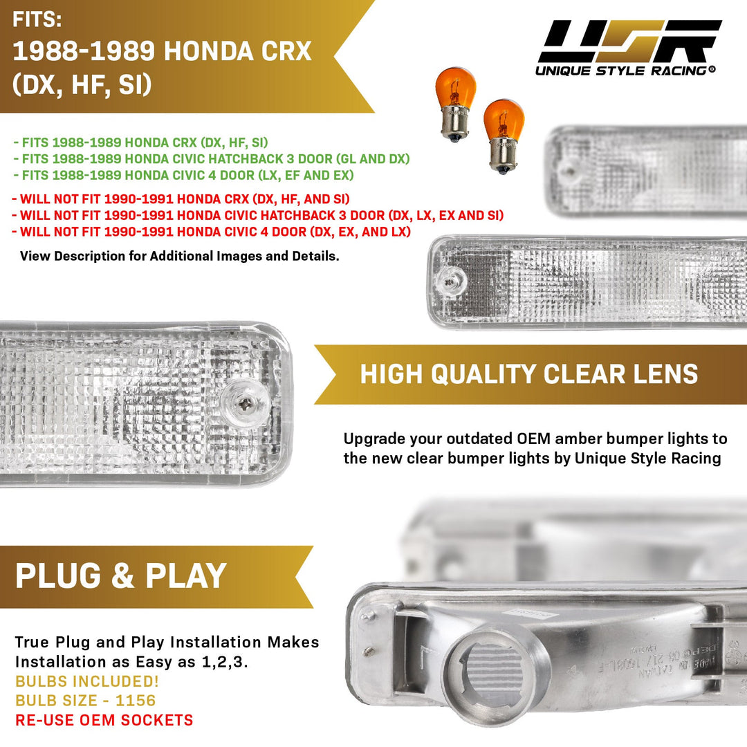 1988-1989 Honda Civic 3D Hatchback & 4D Sedan Clear Smoke or Amber Bumper Turn Signal Light 
#lens-color_clear-lens