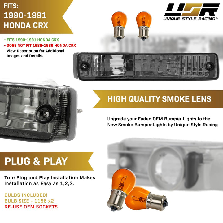1990 1991 Honda CRX CRX Front Clear or Smoke or Amber Bumper Signal Lights
#lens-color_smoke-lens
