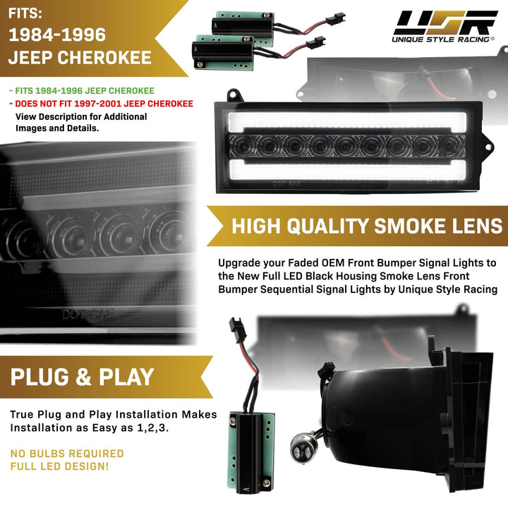 1984 1985 1986 1987 1988 1989 1990 1991 1992 1993 1994 1995 1996 Jeep Cherokee Front Clear or Smoke Lens Switchback LED Bumper Turn Signal Light 
#lens-color_smoke-lens