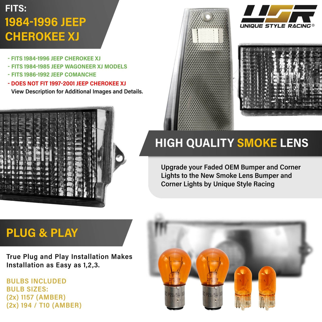 1984 - 1996 Jeep Cherokee XJ Smoke Lens 4PC Front Corner + Bumper Light Combo