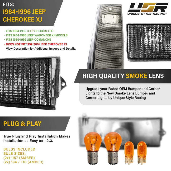 1984 - 1996 Jeep Cherokee XJ Smoke Lens 4PC Front Corner + Bumper Light Combo