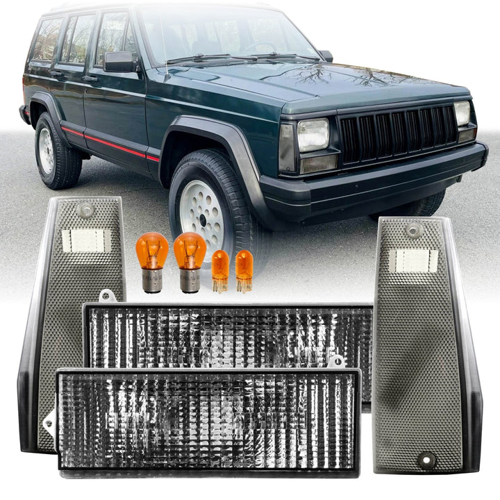 1984 - 1996 Jeep Cherokee XJ Smoke Lens 4PC Front Corner + Bumper Light Combo