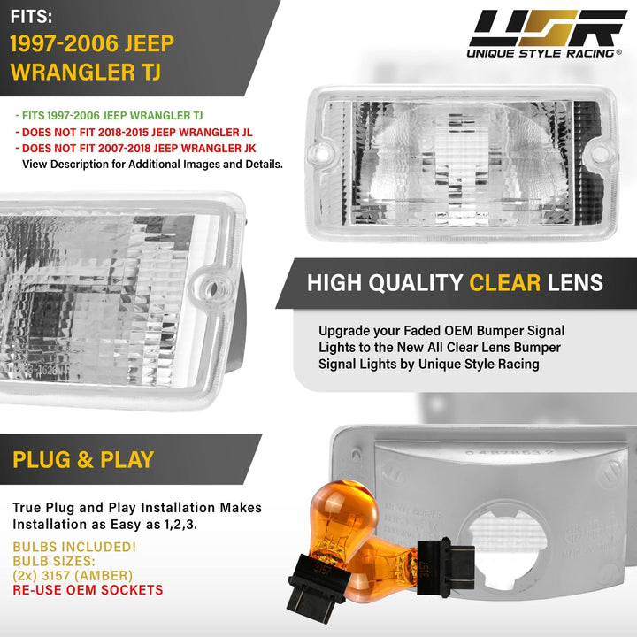 1997 1998 1999 2000 2001 2002 2003 2004 2005 2006 Jeep Wrangler TJ Clear or Smoke Bumper Signal Lights 
#lens-color_clear-lens