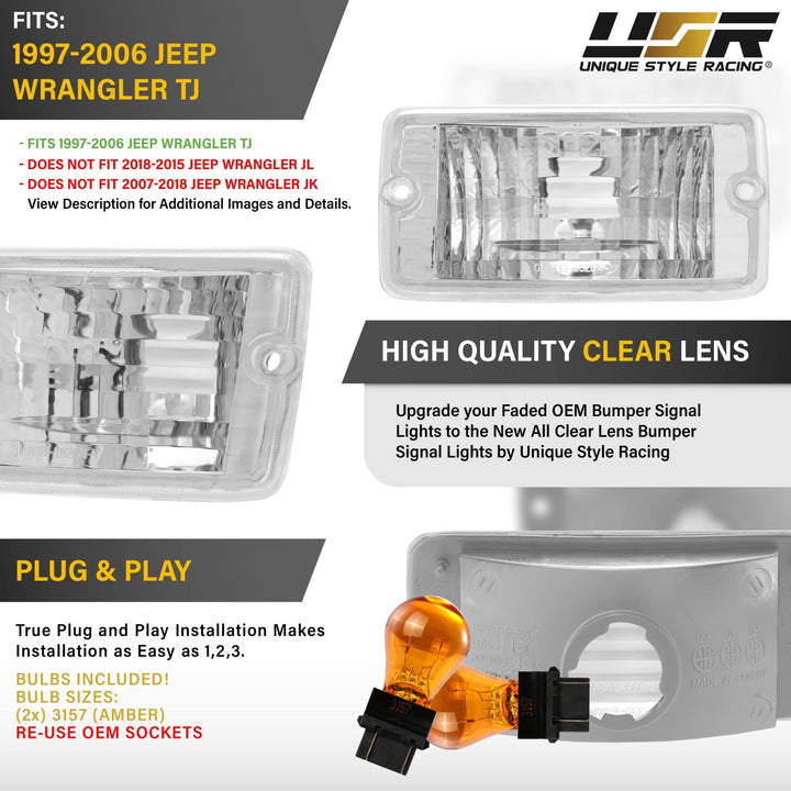 1997 1998 1999 2000 2001 2002 2003 2004 2005 2006 Jeep Wrangler TJ Clear or Smoke Bumper Signal Lights 
#lens-color_crystal-clear-lens