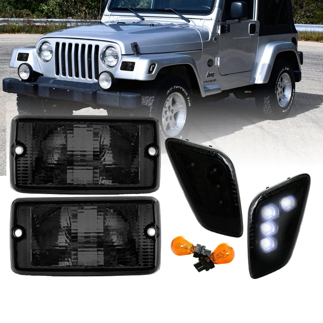 1997 - 2006 Jeep Wrangler TJ Crystal Clear or Smoke Front Bumper Lights + LED Side Marker Lights