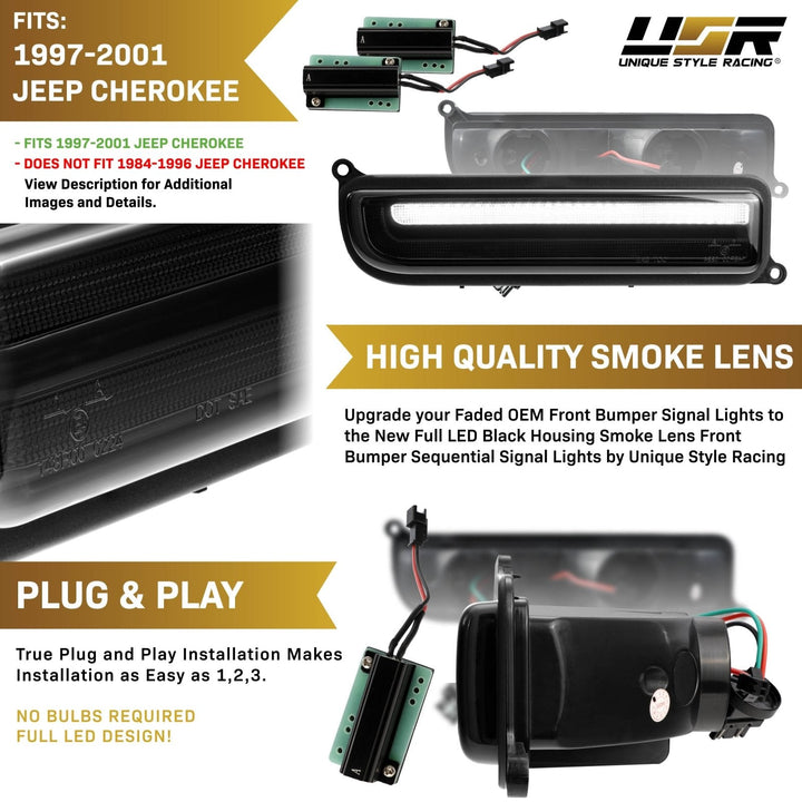 1997 - 2001 Jeep Cherokee Front Clear or Smoke Lens Switchback LED Bumper Turn Signal Light