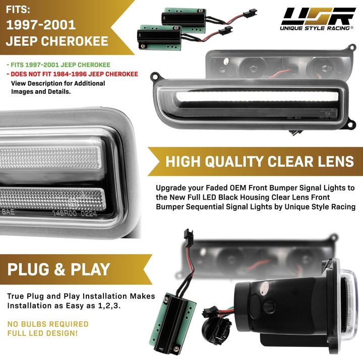 1997 - 2001 Jeep Cherokee Front Clear or Smoke Lens Switchback LED Bumper Turn Signal Light