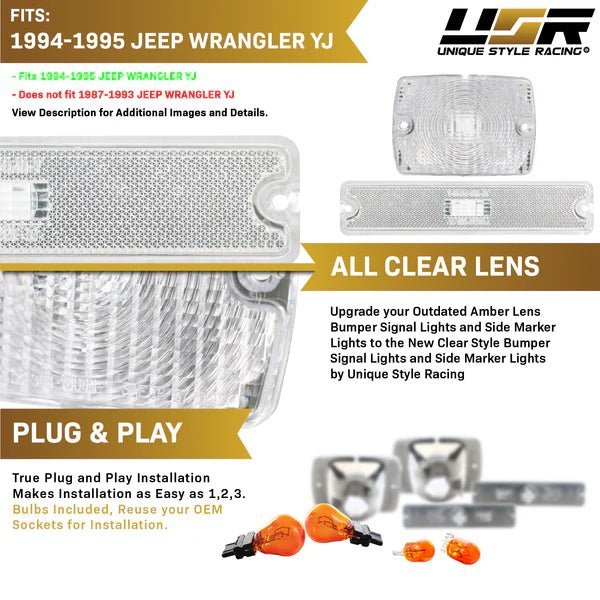 1994 - 1995 Jeep Wrangler YJ Clear or Smoke Bumper Signal Lights + Side Marker Lights