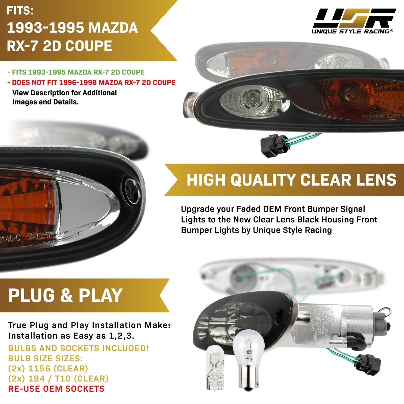 1993-1995 Mazda RX7 RX-7 Coupe Black Housing Clear Lens Front
