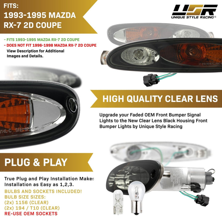 1993 - 1995 Mazda RX7 RX - 7 Coupe Black Housing Clear Lens Front Signal Bumper Light