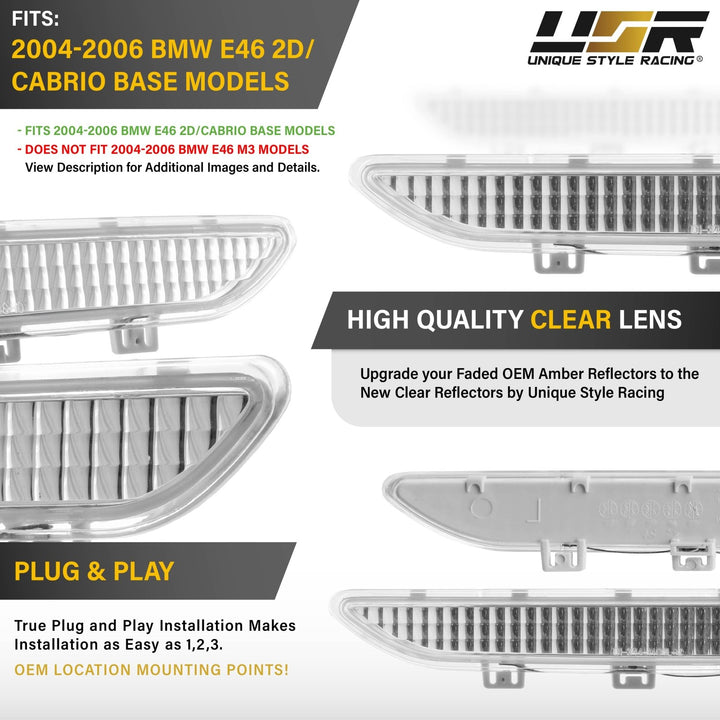 2004 - 2006 BMW E46 3 Series 2D Coupe/Cabrio Clear or Smoke Lens Bumper Reflector Light