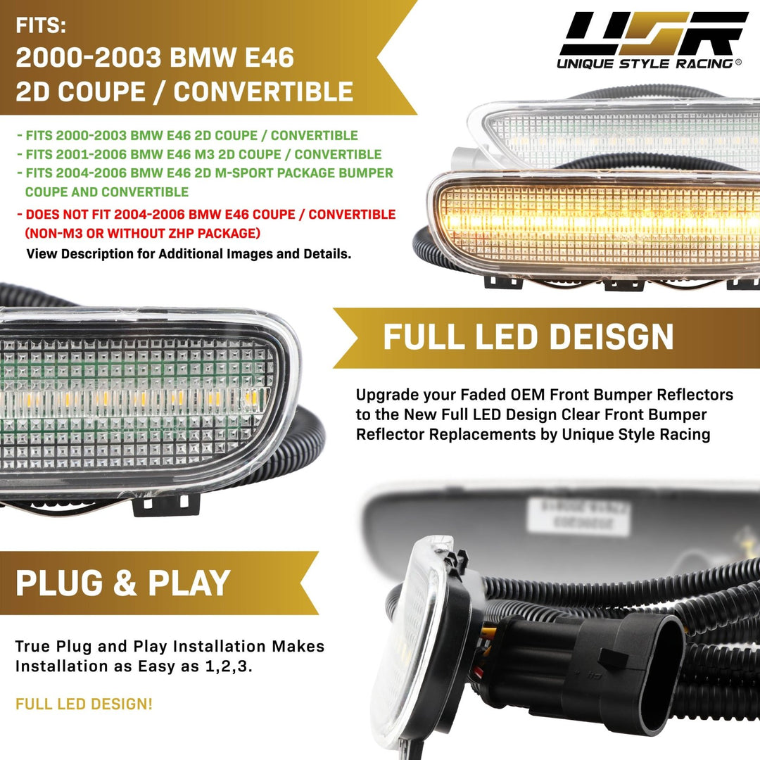 2000 2001 2002 2003 BMW E46 3 Series 2 Door Coupe/Cabrio & 2002 2003 2004 2005 2006 M3 Clear or Smoke Front LED Side Marker Light Bumper Reflector 
#color-combo_clear-lens-amber-led