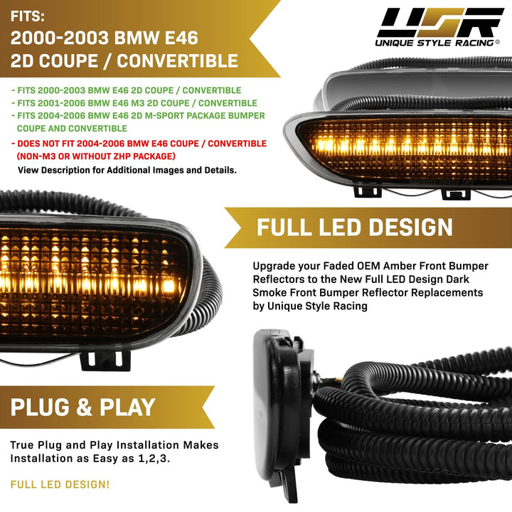 2000 2001 2002 2003 BMW E46 3 Series 2 Door Coupe/Cabrio & 2002 2003 2004 2005 2006 M3 Clear or Smoke Front LED Side Marker Light Bumper Reflector 
#color-combo_smoke-lens-amber-led