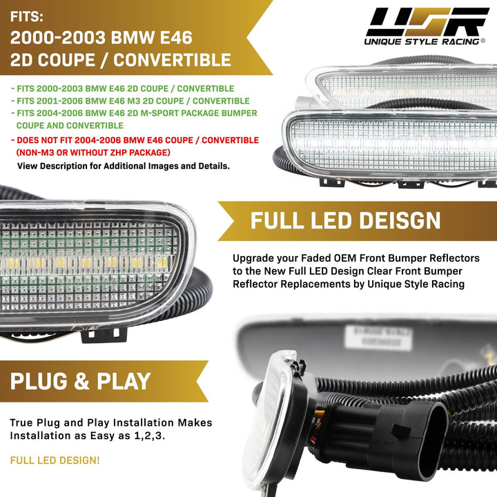 2000 2001 2002 2003 BMW E46 3 Series 2 Door Coupe/Cabrio & 2002 2003 2004 2005 2006 M3 Clear or Smoke Front LED Side Marker Light Bumper Reflector 
#color-combo_clear-lens-white-led