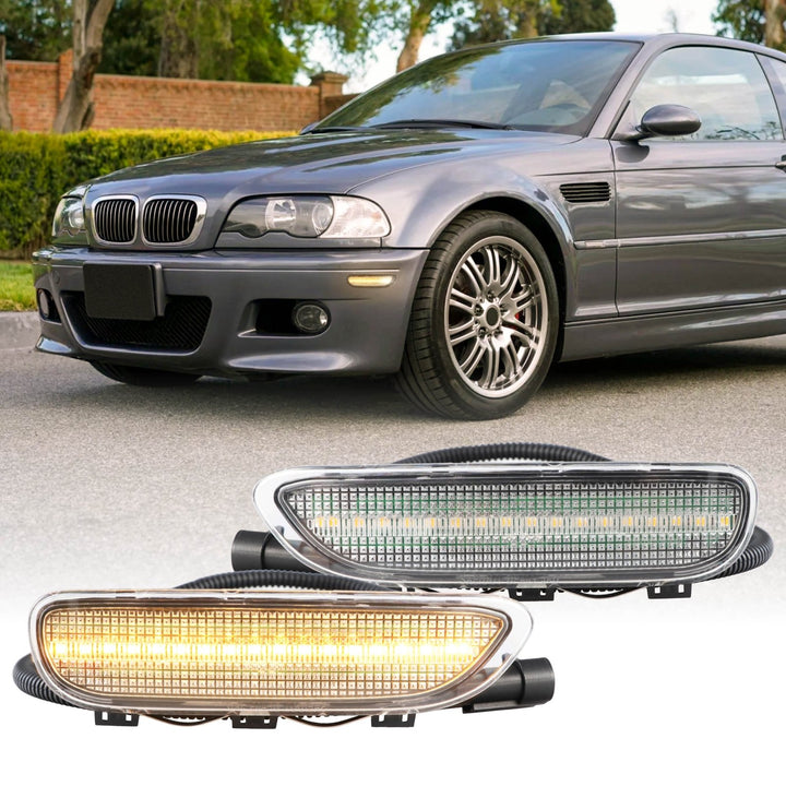 2000 2001 2002 2003 BMW E46 3 Series 2 Door Coupe/Cabrio & 2002 2003 2004 2005 2006 M3 Clear or Smoke Front LED Side Marker Light Bumper Reflector 
#color-combo_clear-lens-amber-led