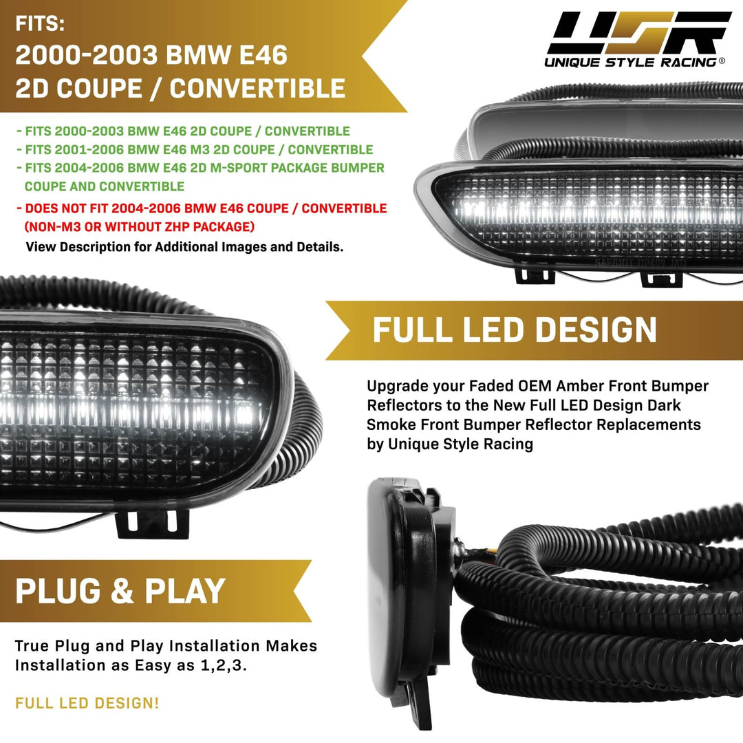 2000 2001 2002 2003 BMW E46 3 Series 2 Door Coupe/Cabrio & 2002 2003 2004 2005 2006 M3 Clear or Smoke Front LED Side Marker Light Bumper Reflector 
#color-combo_smoke-lens-white-led