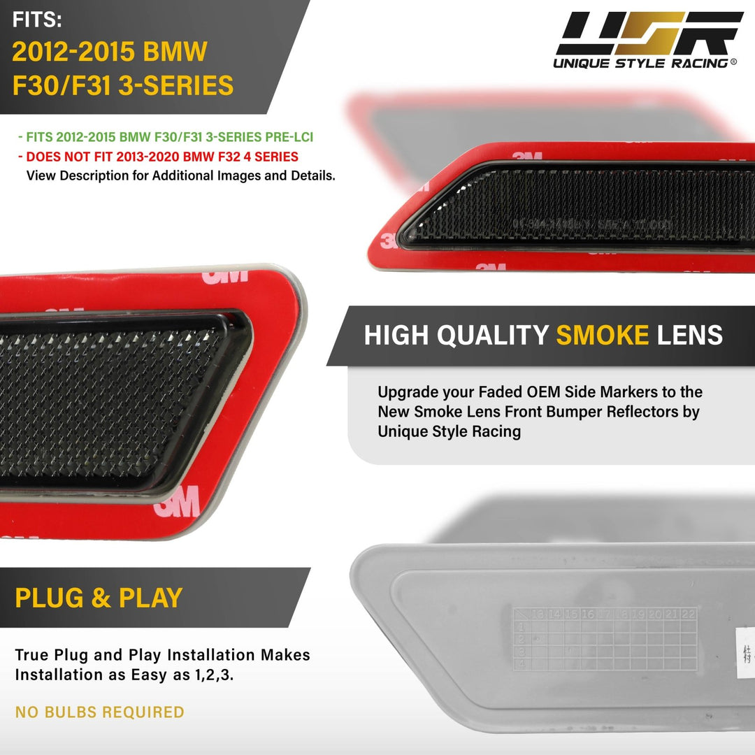 2012 2013 2014 2015 BMW 3 Series F30 / F31 Frosted Clear or Frosted Smoke Lens or Jet Black 668 or Glacier Silver A83 Front Bumper Reflector Light
#lens-color_smoke-lens