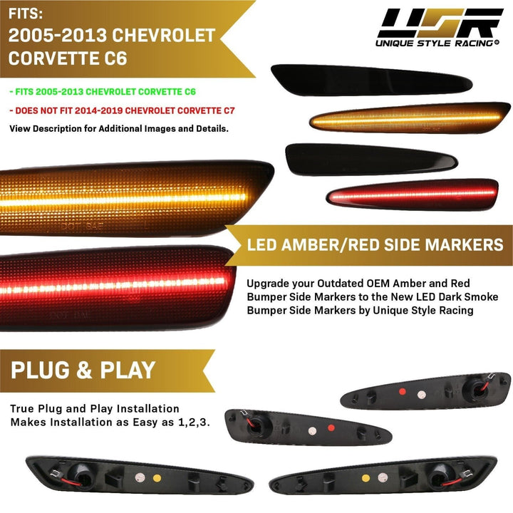 2005 - 2013 Chevrolet Corvette Clear or Smoke Lens Front + Rear Bumper Side Marker Light