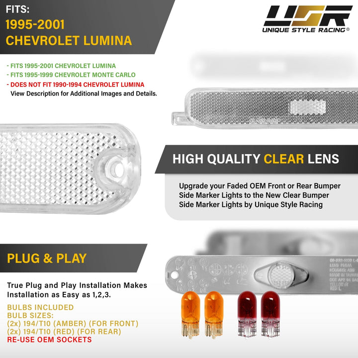 1995-2001 Chevrolet Lumina & 1995-1992 Chevrolet Monte Carlo Front Or Rear Clear Lens Bumper Side Marker Lights