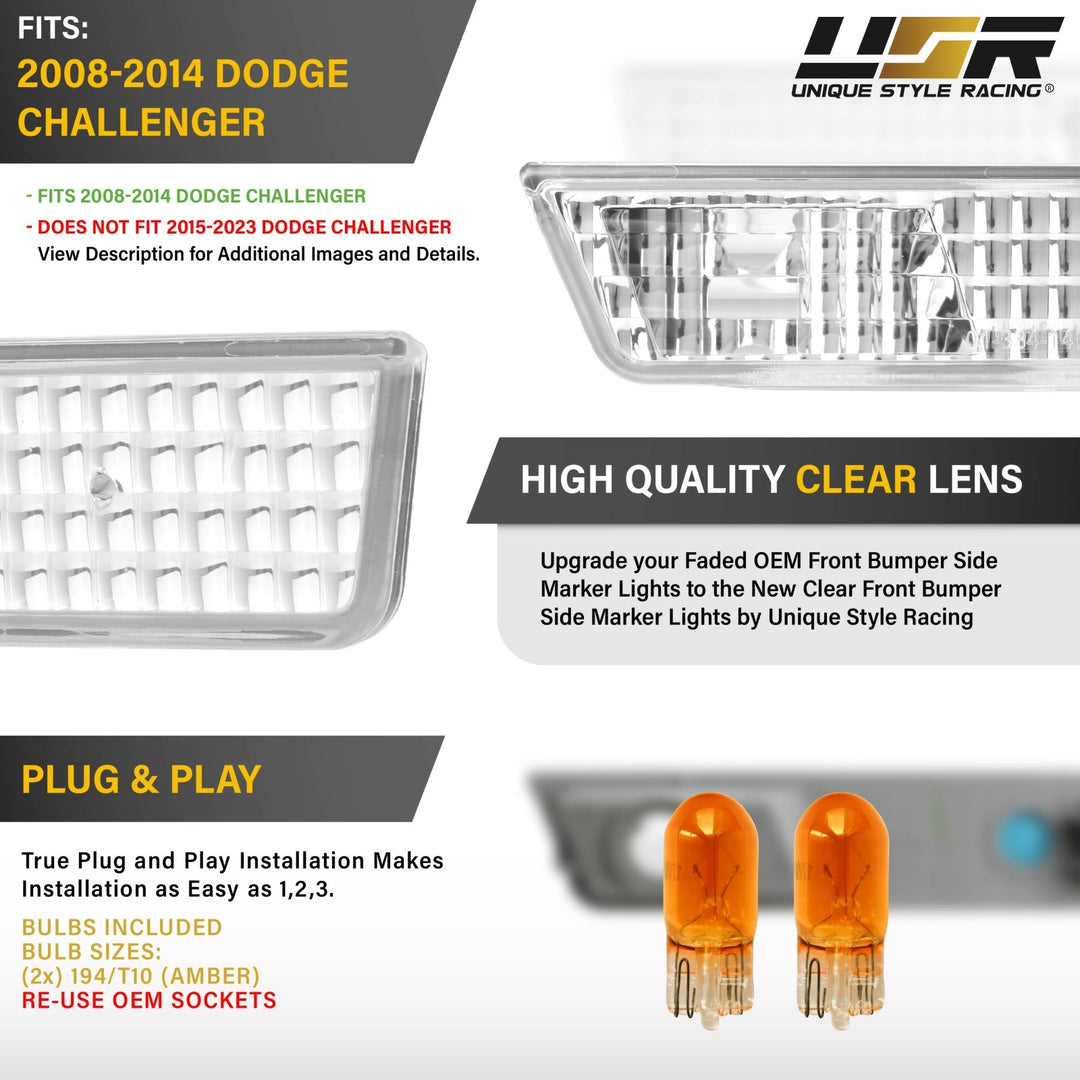 2008 2009 2010 2011 2012 2013 2014 Dodge Challenger R/T R T SRT8 SRT 8 Clear or Smoke Bumper Side Marker Light

#lens-color_clear-lens