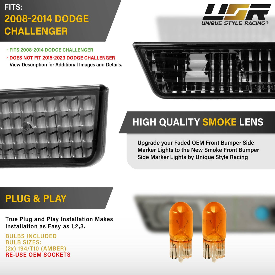 2008 2009 2010 2011 2012 2013 2014 Dodge Challenger R/T R T SRT8 SRT 8 Clear or Smoke Bumper Side Marker Light

#lens-color_smoke-lens