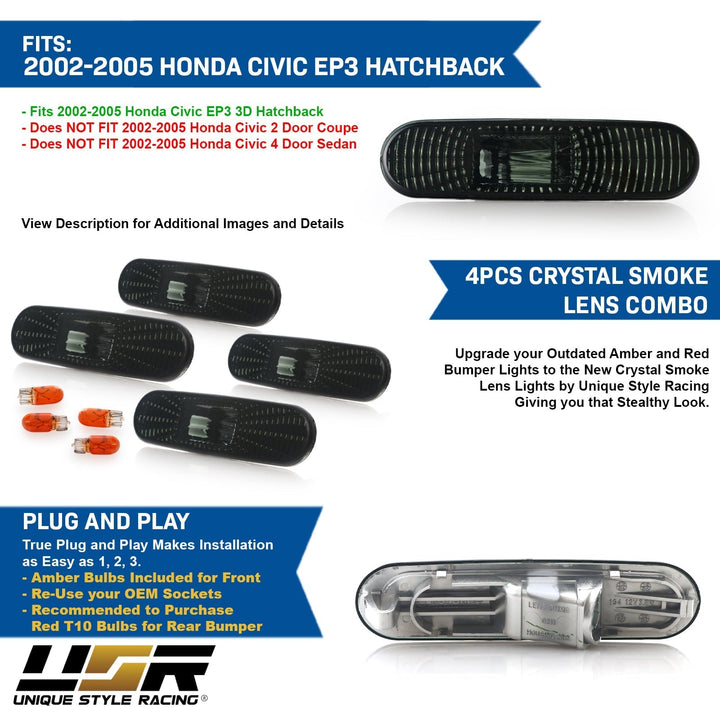 2002 - 2005 Honda Civic SI EP3 / EP 3DR Clear or Smoke Front / Rear Bumper Side Marker Lights