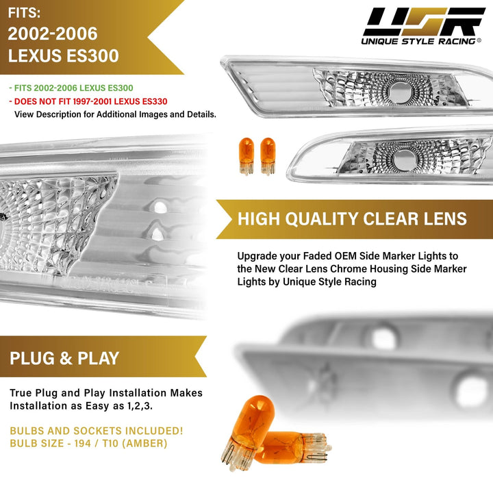 2002 - 2006 Lexus ES300 / ES330 Crystal Clear Lens Front Bumper Side Marker Lights