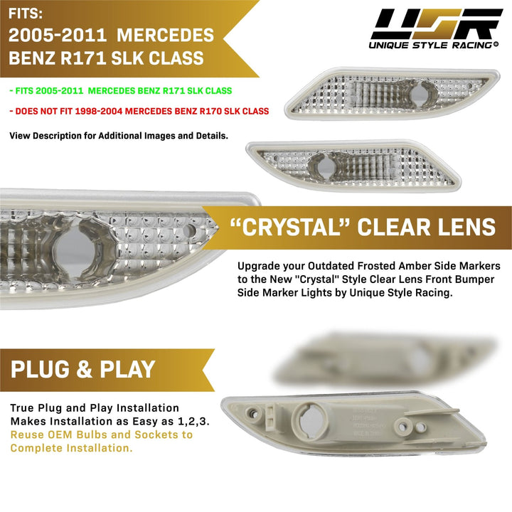 2005-2011 Mercedes SLK Class R171 Crystal Clear or Crystal Smoke Front Bumper Side Marker Light

#lens-color_crystal-clear-lens