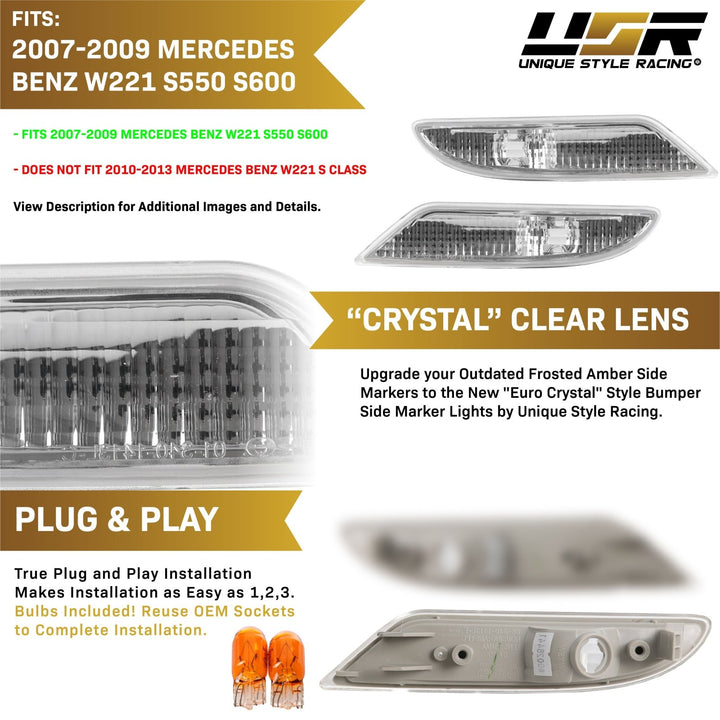 2007-2009 Mercedes S Class W221 Non AMG Crystal Clear or Smoke Bumper Side Marker Light

#lens-color_clear-lens