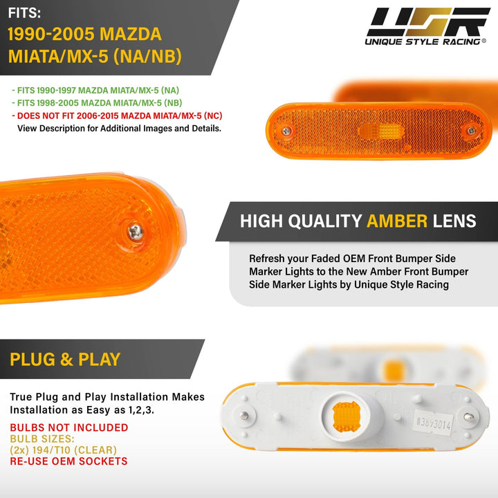 1990-2005 Mazda Miata MX5 OE Replacement Front Amber Bumper Side Marker Lights