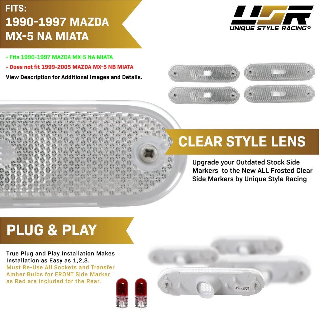 1990 - 1997 Mazda Miata MX5 Clear or Smoke Lens Front + Rear 4PC Bumper Side Marker Lights