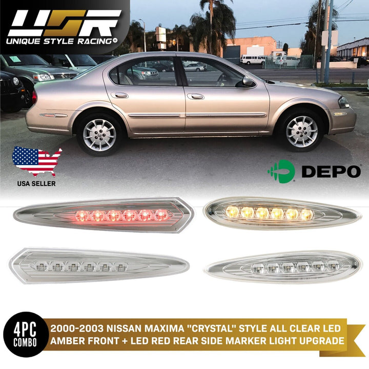 2000 - 2003 Nissan Maxima Clear or Smoke Front + Rear LED Bumper Side Maker Lights