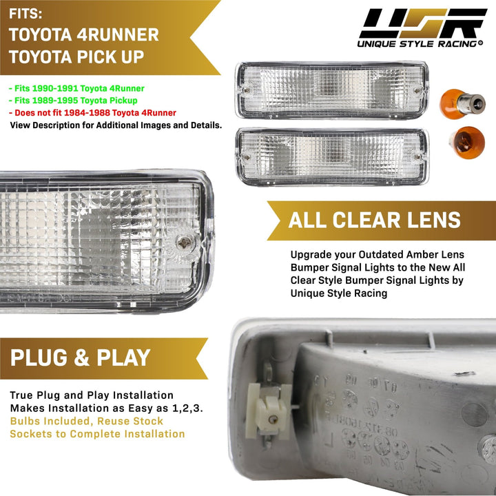1990 - 1991 Toyota 4Runner / 1989 - 1995 Toyota Pickup Front All Clear Lens Bumper Turn Signal Lights