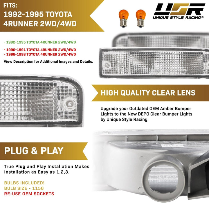 1992 - 1995 Toyota 4Runner All Clear Lens Front Bumper Signal Lights