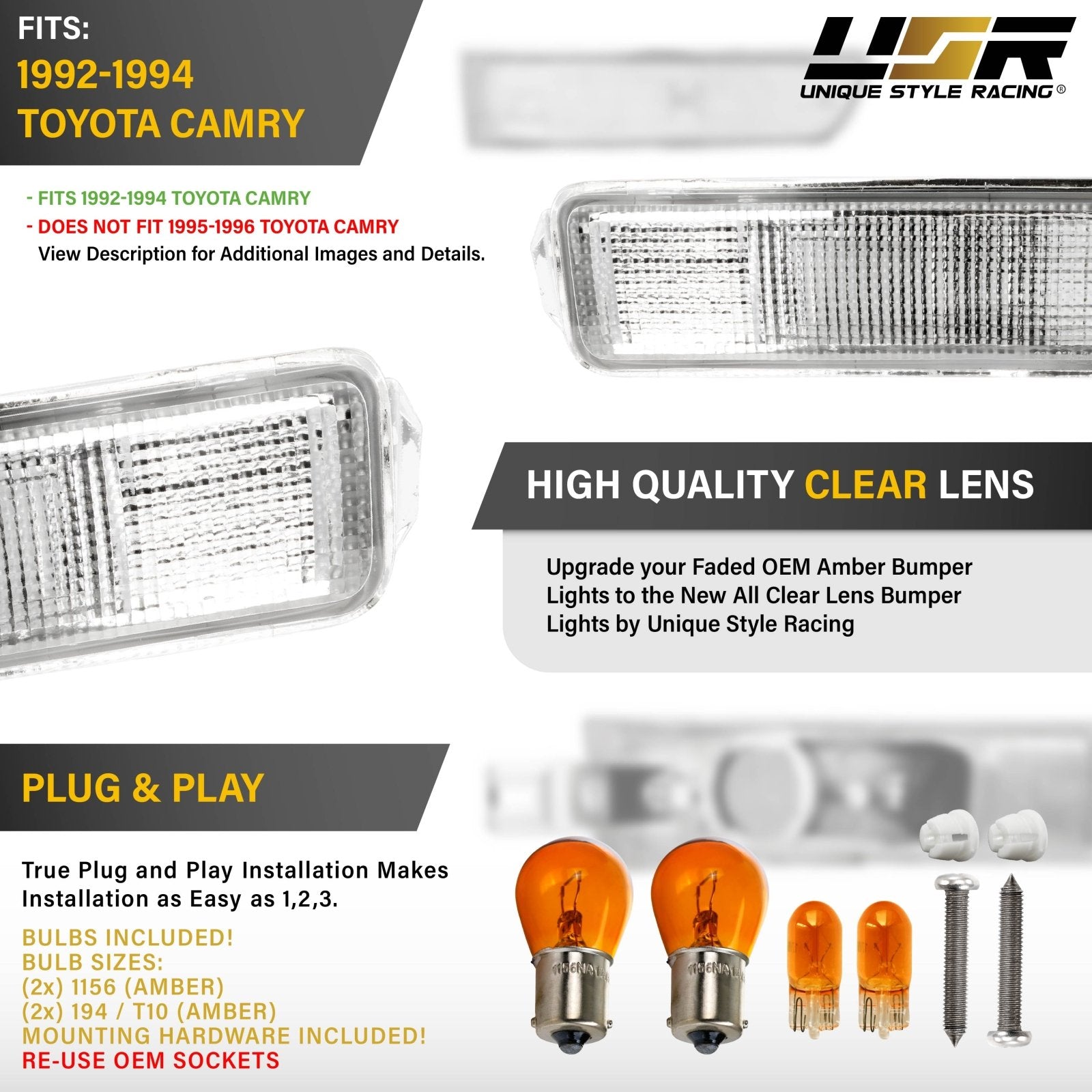 1992-1994 Toyota Camry All Clear Lens 4PC Bumper Turn Signal