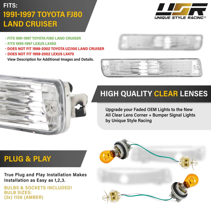 1991 - 1997 Toyota Land Cruiser / 1996 - 1997 Lexus LX450 Clear Front Bumper Turn Signal Lights