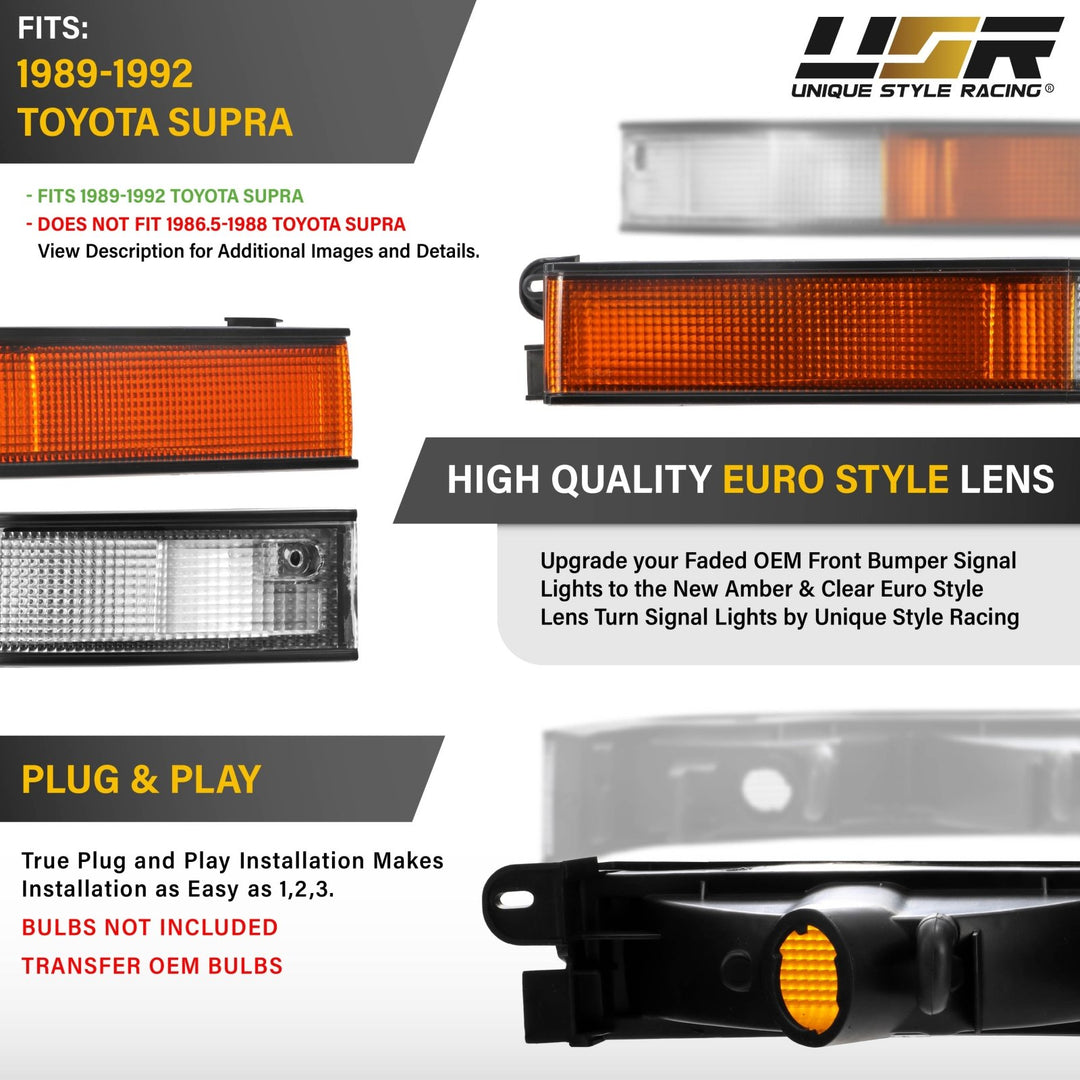 1989 1990 1991 1992 Toyota Supra OE Frosted Amber, Clear or Smoked Lens Bumper Lights

#lens-color_euro-style
