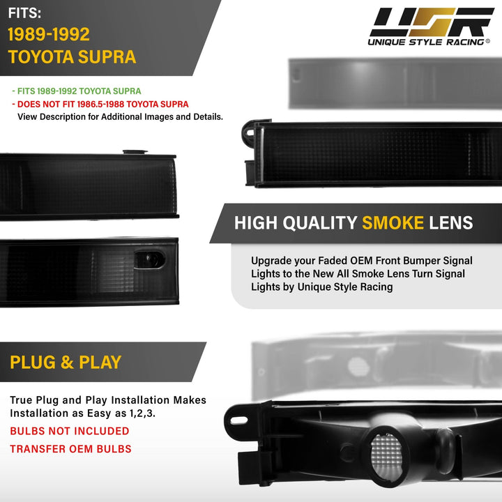 1989 1990 1991 1992 Toyota Supra OE Frosted Amber, Clear or Smoked Lens Bumper Lights

#lens-color_smoke-lens