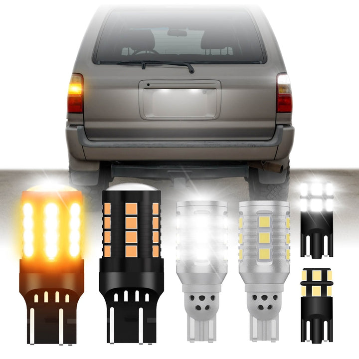 Ultra Bright Canbus LED Bulbs - 7440 / 7443 Amber Turn Signal, 921 / T15 White Reverse Backup & 194 / T10 White License Plate Bulb Set